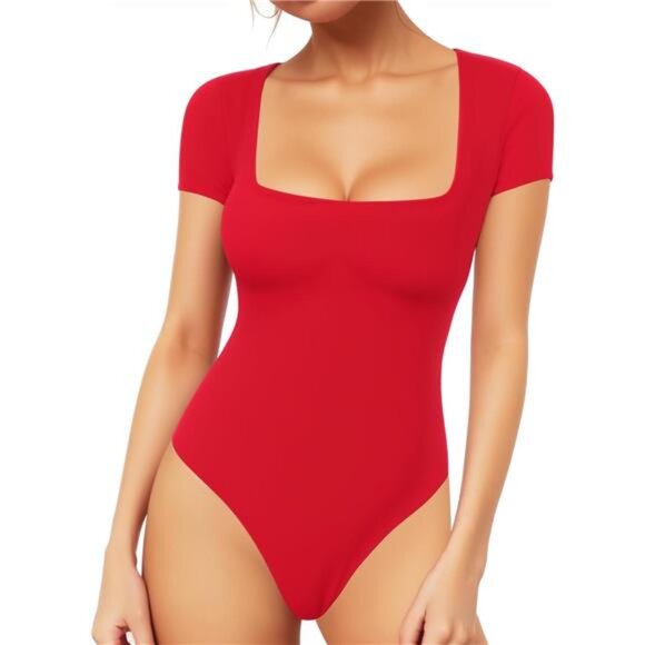 Tops - Women's Bodysuit Short Sleeve Shirt Tops Red